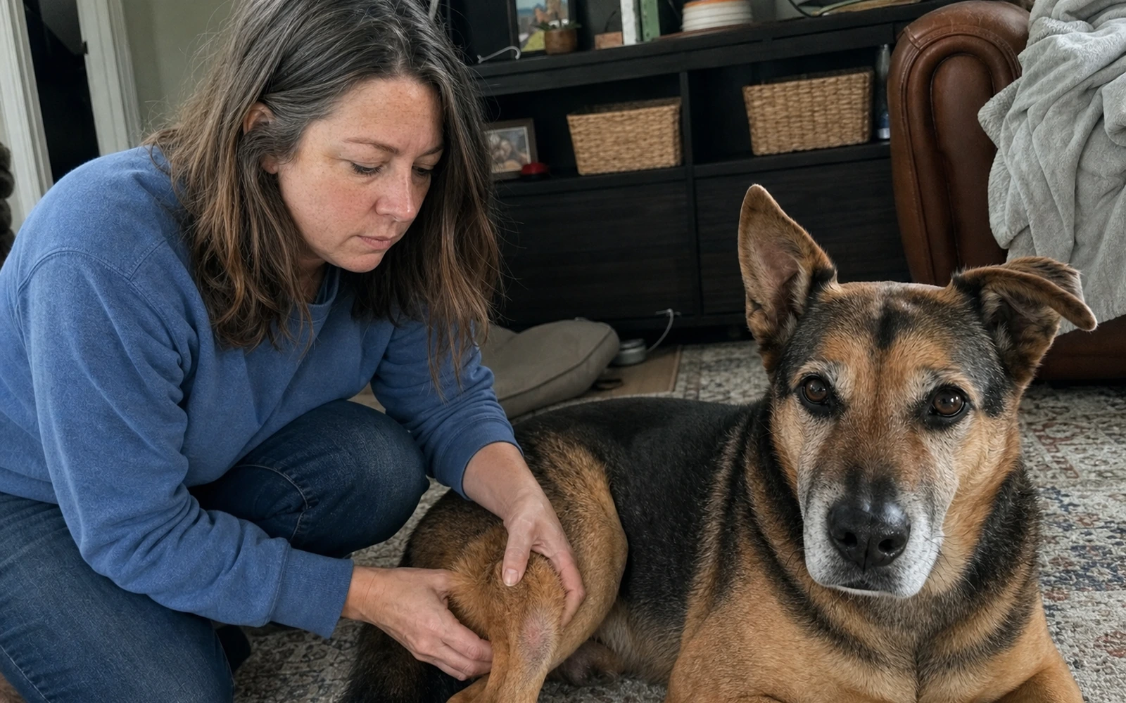 Dana checking the irritated patch on Josie's hind leg